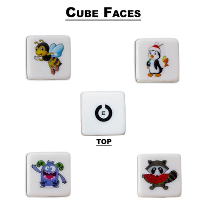 A set of five white square cube faces arranged on a white background, with the top centre cube labeled 'TOP' showing a Landolt C with Snellen E. The other four faces feature colourful cartoon illustrations: a waving bee, a penguin with fish, a happy blue monster, and a raccoon holding a red watermelon.