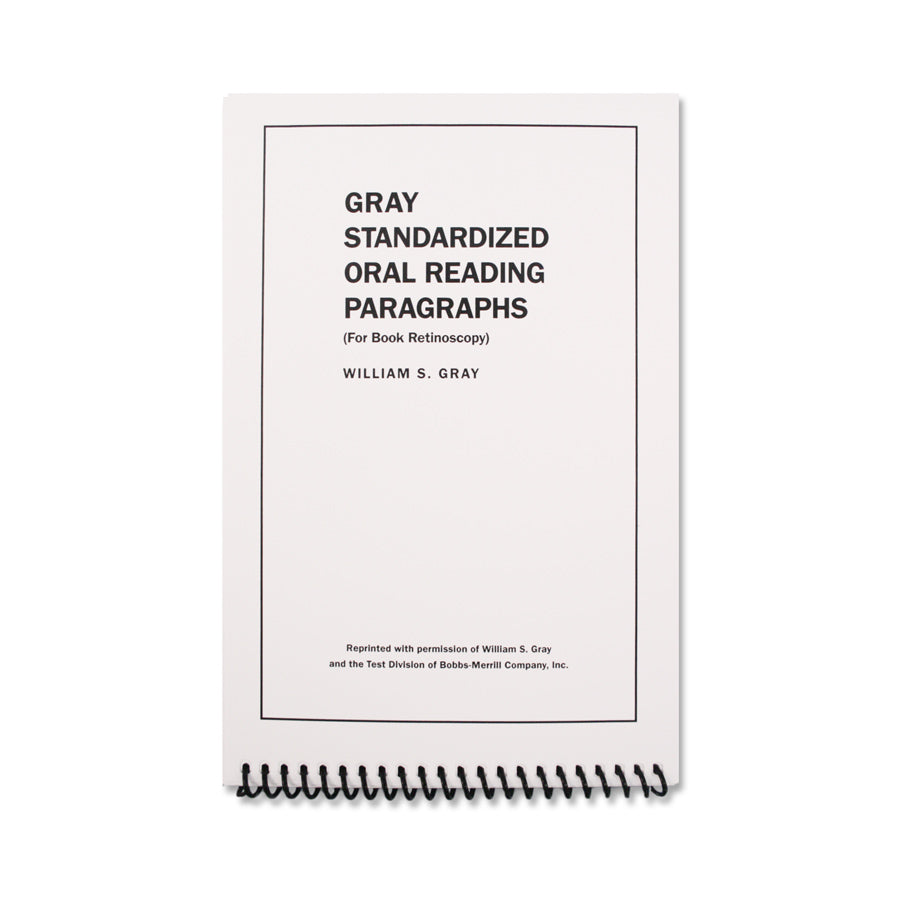 Gray Standardized Oral Reading Paragraphs spiral notebook cover by William S. Gray, featuring a minimalist white cover with black text and a black spiral binding at the bottom.