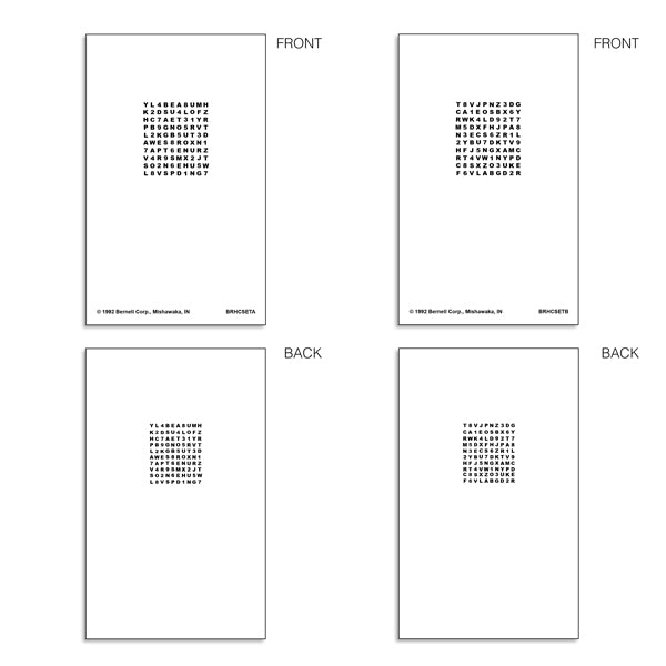 A four-panel layout showing the front and back of a white rectangular card or booklet. The top two panels are labeled FRONT and show a centered block of small black letters with tiny copyright text along the bottom.