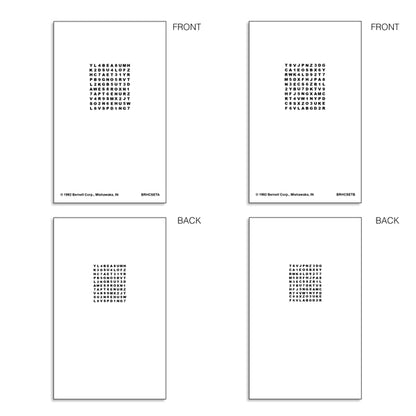 A four-panel layout showing the front and back of a white rectangular card or booklet. The top two panels are labeled FRONT and show a centered block of small black letters with tiny copyright text along the bottom.