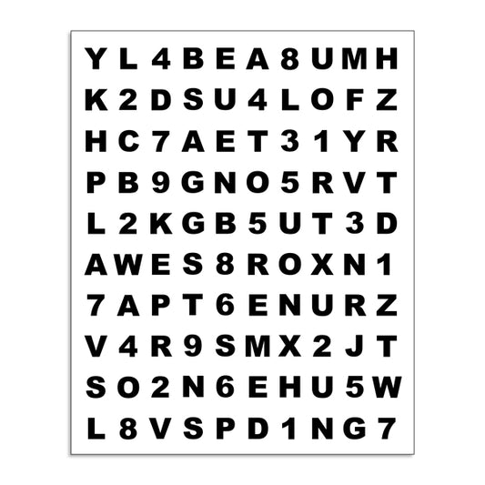 A white rectangular sheet or card featuring rows of black uppercase letters and numbers arranged in a grid for testing and accommodative vision training