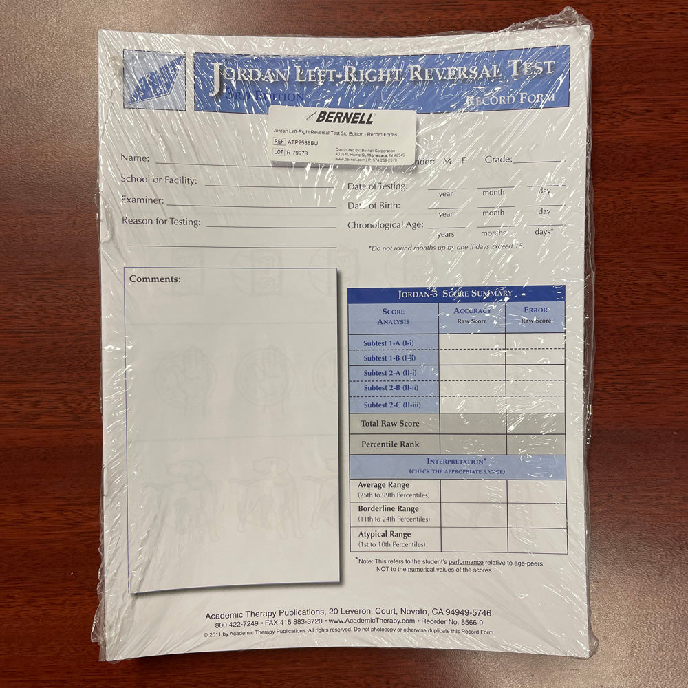 A Jordan Lift-Right Reversal Test form, sealed in clear plastic wrap, placed on a dark wood surface. The form features blue and white sections with fields for patient information and scoring tables.