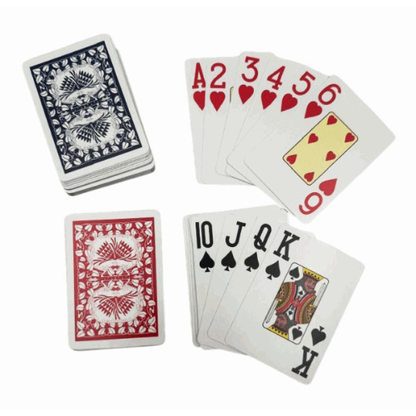 Two sets of playing cards fanned out on a white background, including a stack of cards with a blue patterned back and one with a red patterned back.