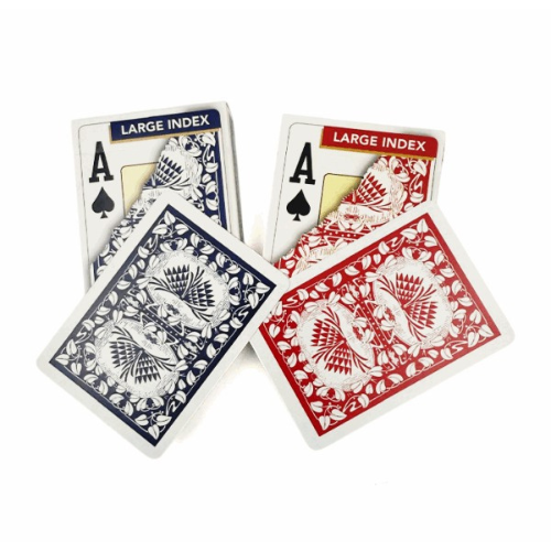 Two packs of Large Index playing cards with ornate back designs, one in blue and one in red, arranged on a plain white background.