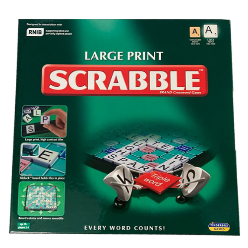 Large Print Scrabble board game box featuring a dark green background with a red title banner and game board illustration.