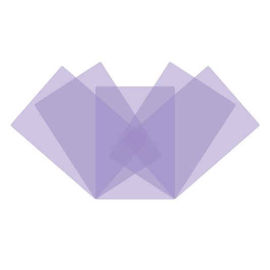 Overlapping translucent lilac-coloured A4-sized overlays on a solid white background.