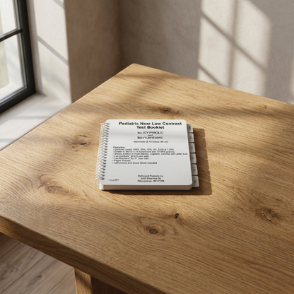 A spiral-bound Pediatric Near Low Contrast Test Booklet lies open on a light oak wooden table, with sunlight casting shadows across the tabletop and wall.