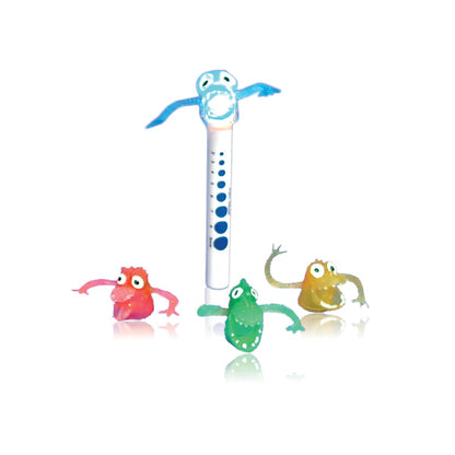 Assorted Pen-Pal Fixators in green, red, blue and yellow for pediatric eye testing.