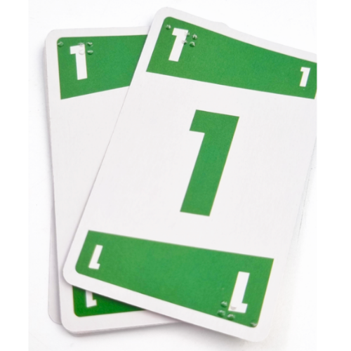 Two white rectangular cards with green corner sections and a large green number 1 in the center, with the corner of each card showing the corresponding card value in Braille, overlapping on a white background.