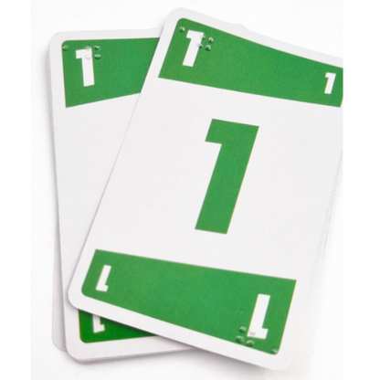 Two white rectangular cards with green corner sections and a large green number 1 in the center, with the corner of each card showing the corresponding card value in Braille, overlapping on a white background.