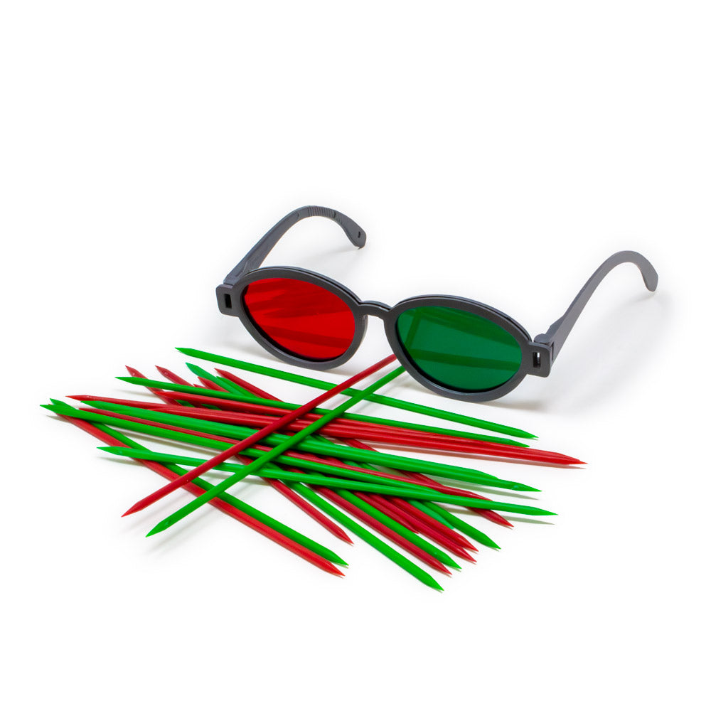 Red and green pick up sticks game with red/green goggles