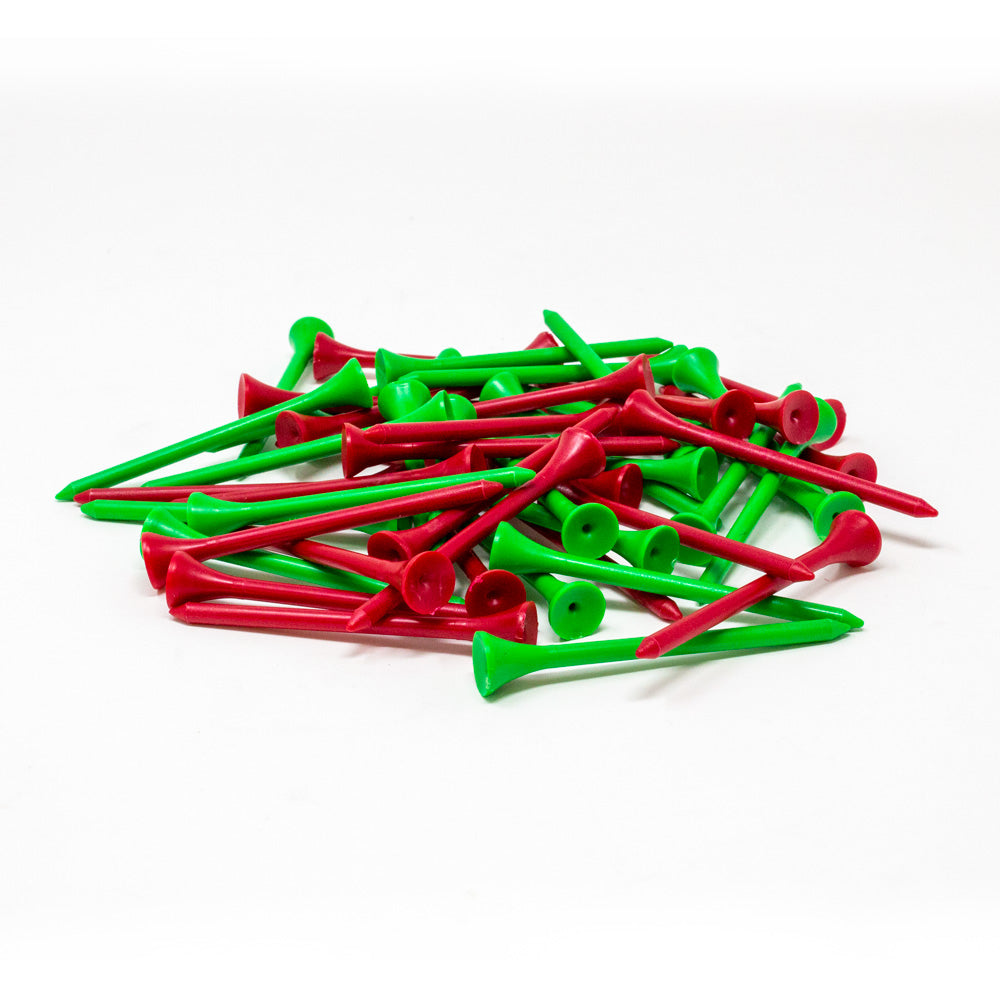 A pile of plastic golf tees in alternating bright red and green colors, photographed on a clean white background.