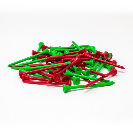 A pile of plastic golf tees in alternating bright red and green colors, photographed on a clean white background.
