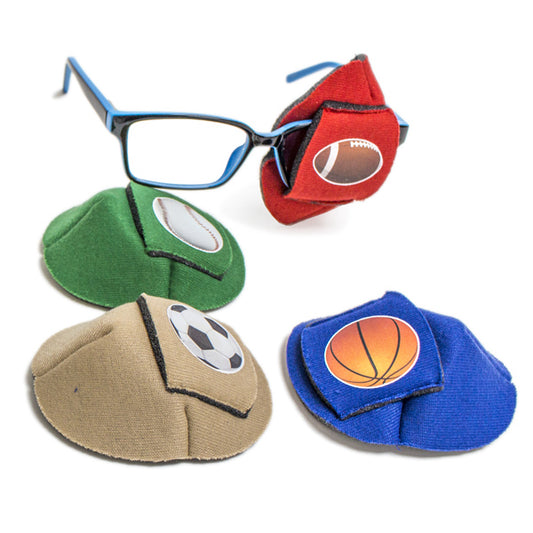 Four colourful lens slipcovers with sports-themed designs