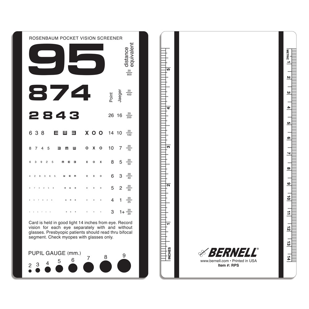 Rosenbaum Pocket Vision screening chart with measurements and Bernell branding on a white background
