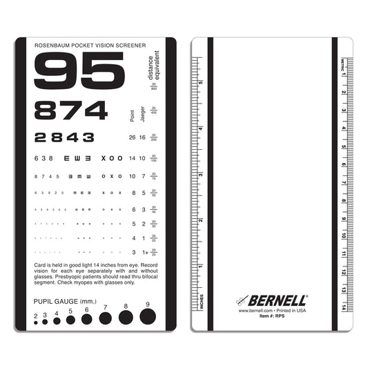 Rosenbaum Pocket Vision screening chart with measurements and Bernell branding on a white background