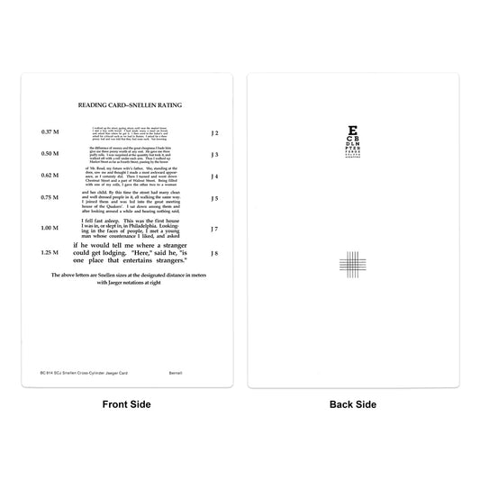 Snellen X-Cyl Jaeger Card Near Vision Test Card with text and eye chart on front and back sides.