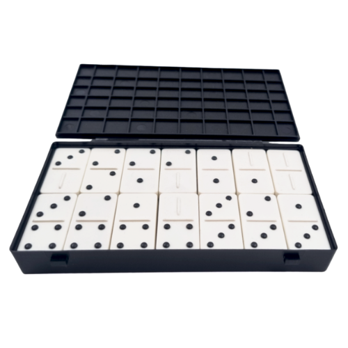 A black plastic domino game set with a lid and white domino tiles featuring black  raised udots, shown on a plain white background.