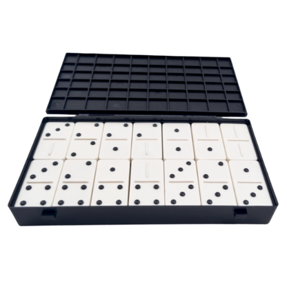 A black plastic domino game set with a lid and white domino tiles featuring black  raised udots, shown on a plain white background.