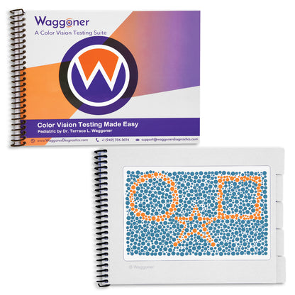 Waggoner color vision testing suite with spiral-bound book and color chart on a white background