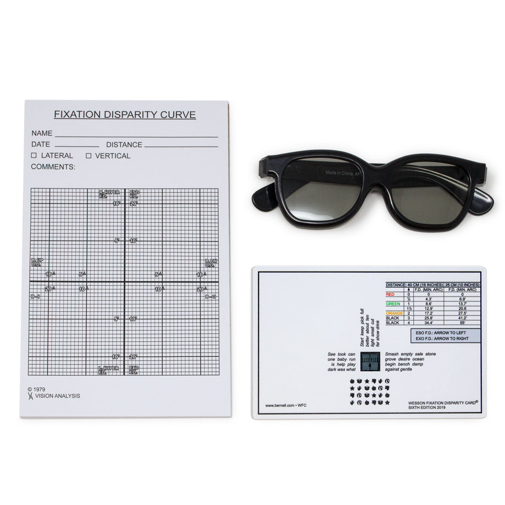 Wesson Fixation Card Kit containing a pair of polarised goggles, a printed pad of Fixation Disparity Curve sheets and a testing card.