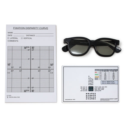 Wesson Fixation Card Kit containing a pair of polarised goggles, a printed pad of Fixation Disparity Curve sheets and a testing card.