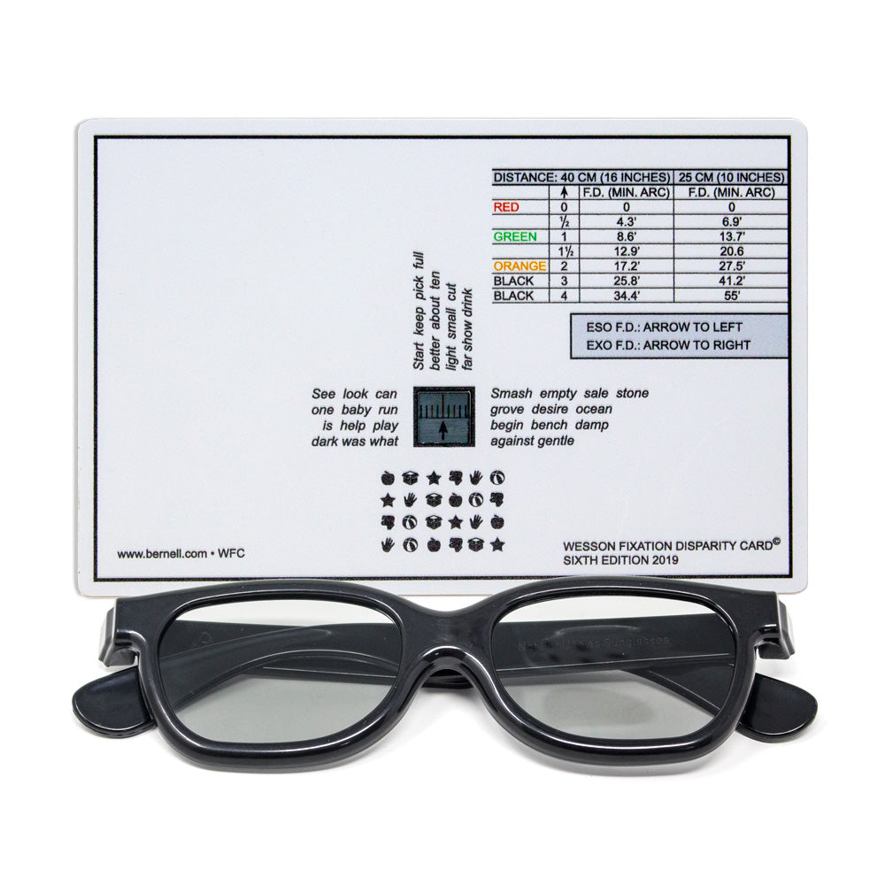 Black polarised goggles with a disparity card on a white background.
