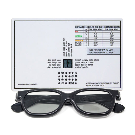 Black polarised goggles with a disparity card on a white background.