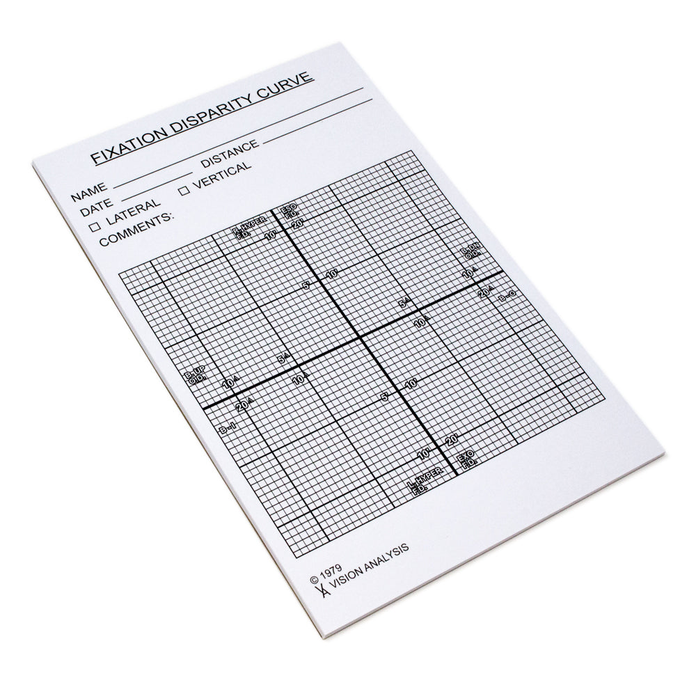 A fixation disparity curve test sheet from Vision Analysis, featuring a black printed grid and fields for recording date, distance, laterality, verticality, and comments, shown on a clean white background.